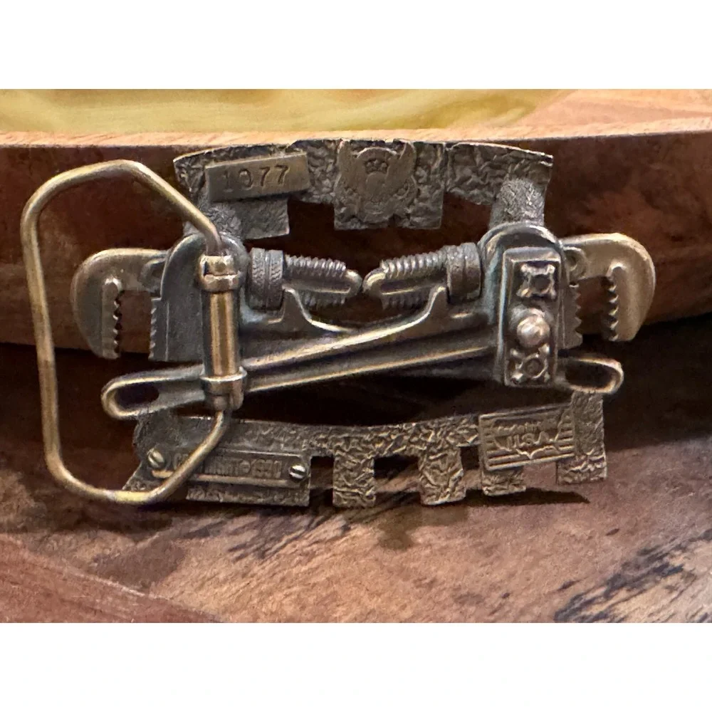 Vintage Pipefitter‎ 1990 Belt Buckle Gold tone Red Embellishment Tools